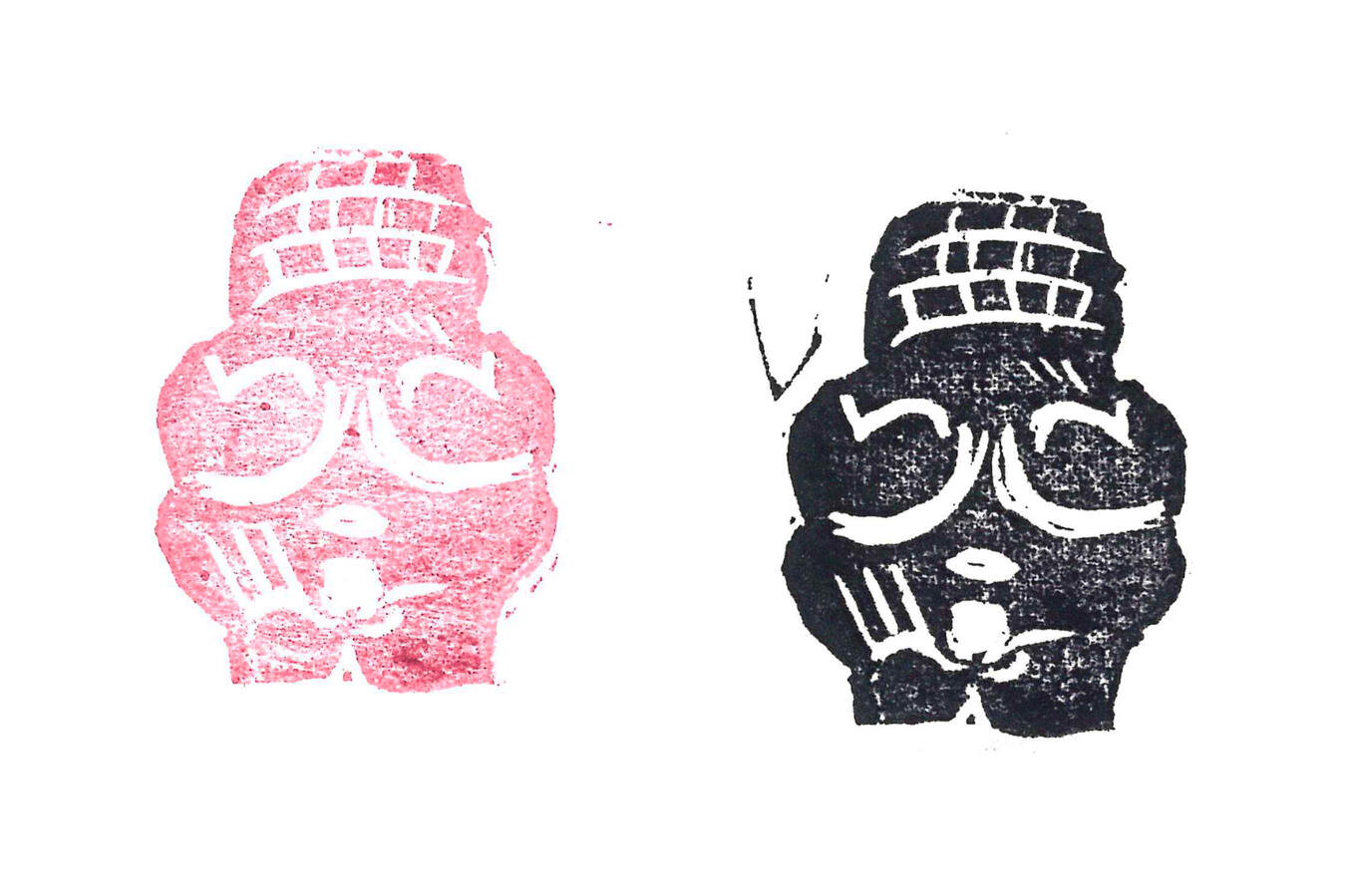 Two prints, one on the left in red, and one on the right in black. Both prints of the stamp are of the same hand-carved design, depicting the famous Neolithic figurine "Venus of Willendorf."