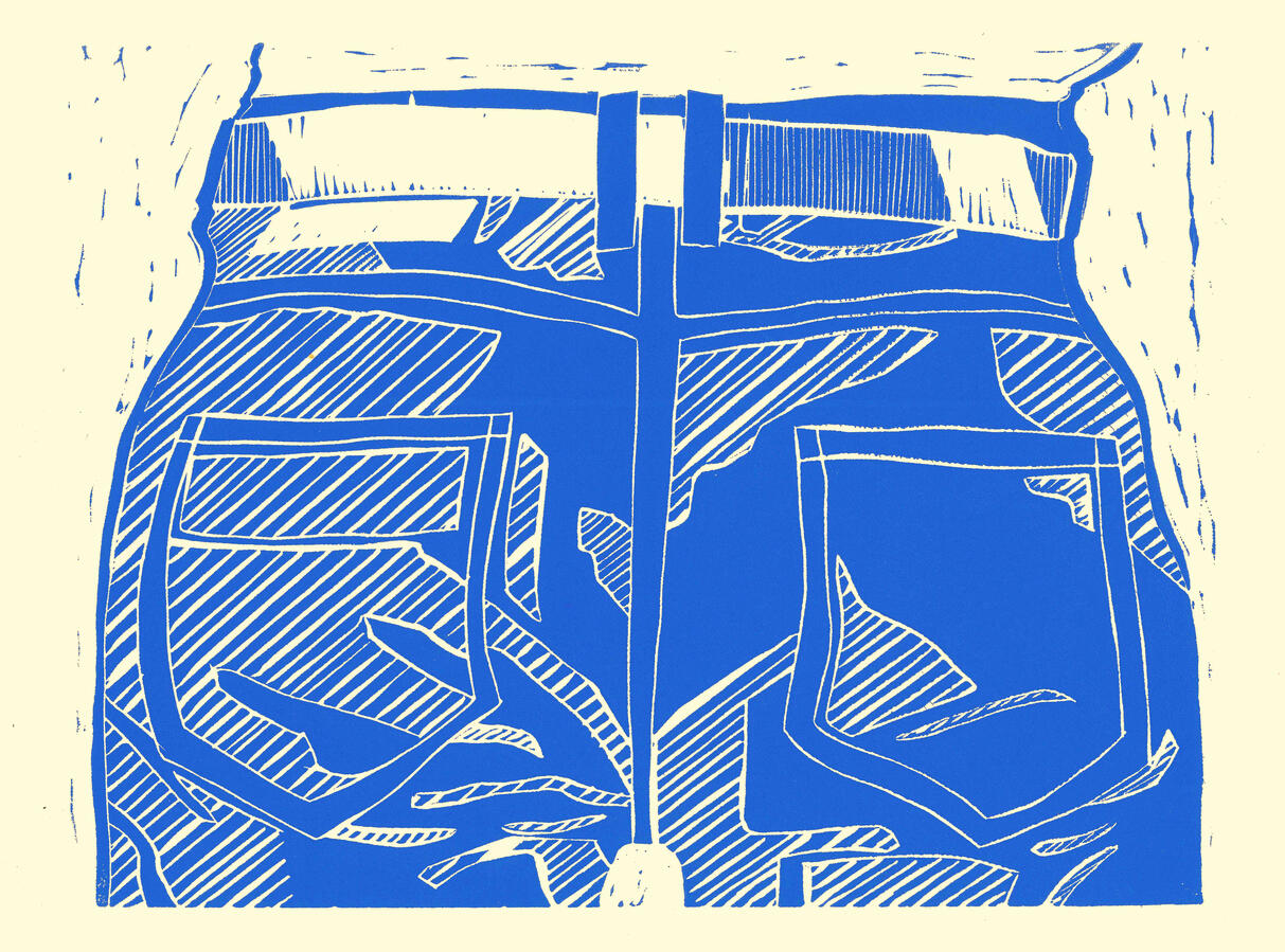 A linocut relief print depicting the backside of a man wearing blue jeans. The paper is a yellow white, giving it an aged look. This print is part of a series focused on queer flagging, but this man lacks any bandanas in his pockets, hence the title.