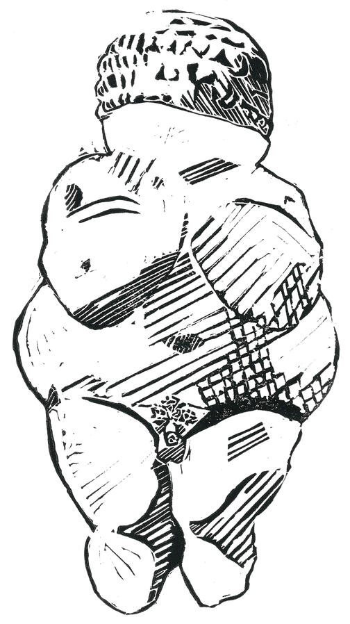 A linocut relief print depicting the statuette "Venus of Willendorf," a famous hand-carved neolithic figurine of a corpulent woman. In place of the figurine's original depiction of a vagina, the penis from Michelangelo's "David" sculpture is incorporated.