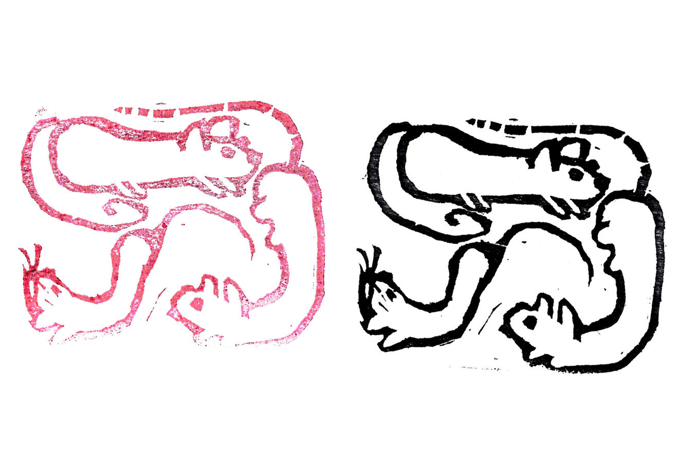 Two prints, one on the left in red, and one on the right in black, depicting the same hand-carved stamp with three rats carved into it. The rats are in a simple, doodle style.